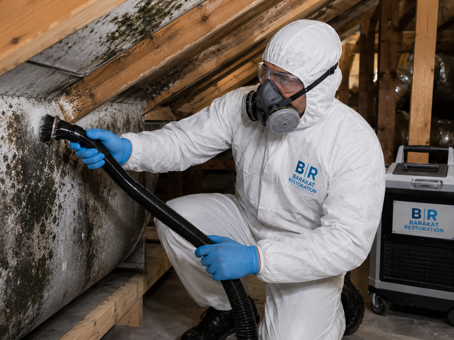 Attic mold remediation in progress