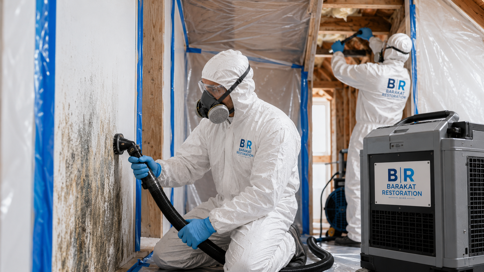 Mold remediation with containment and PPE